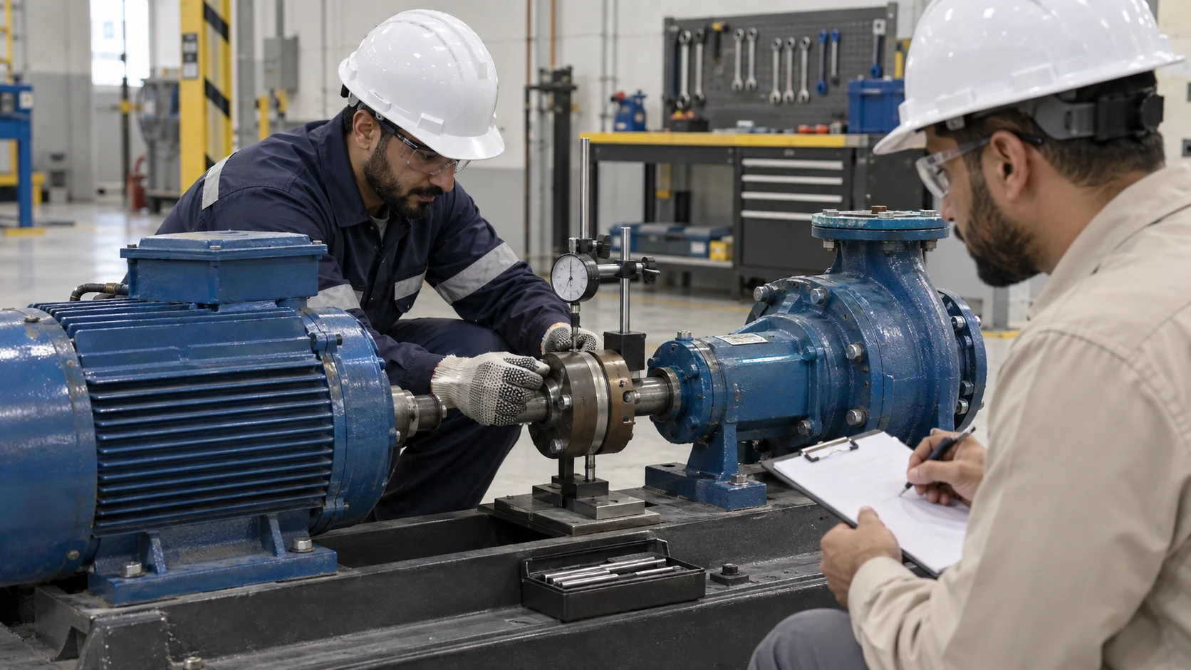 Millwright technician aligns a motor and pump coupling with a dial indicator while an assessor records observations