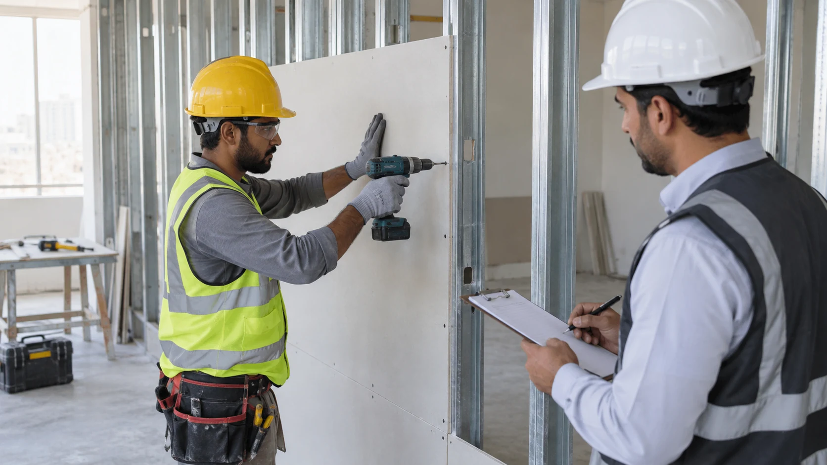Gypsum worker candidate fastens drywall to metal studs while an assessor records observations