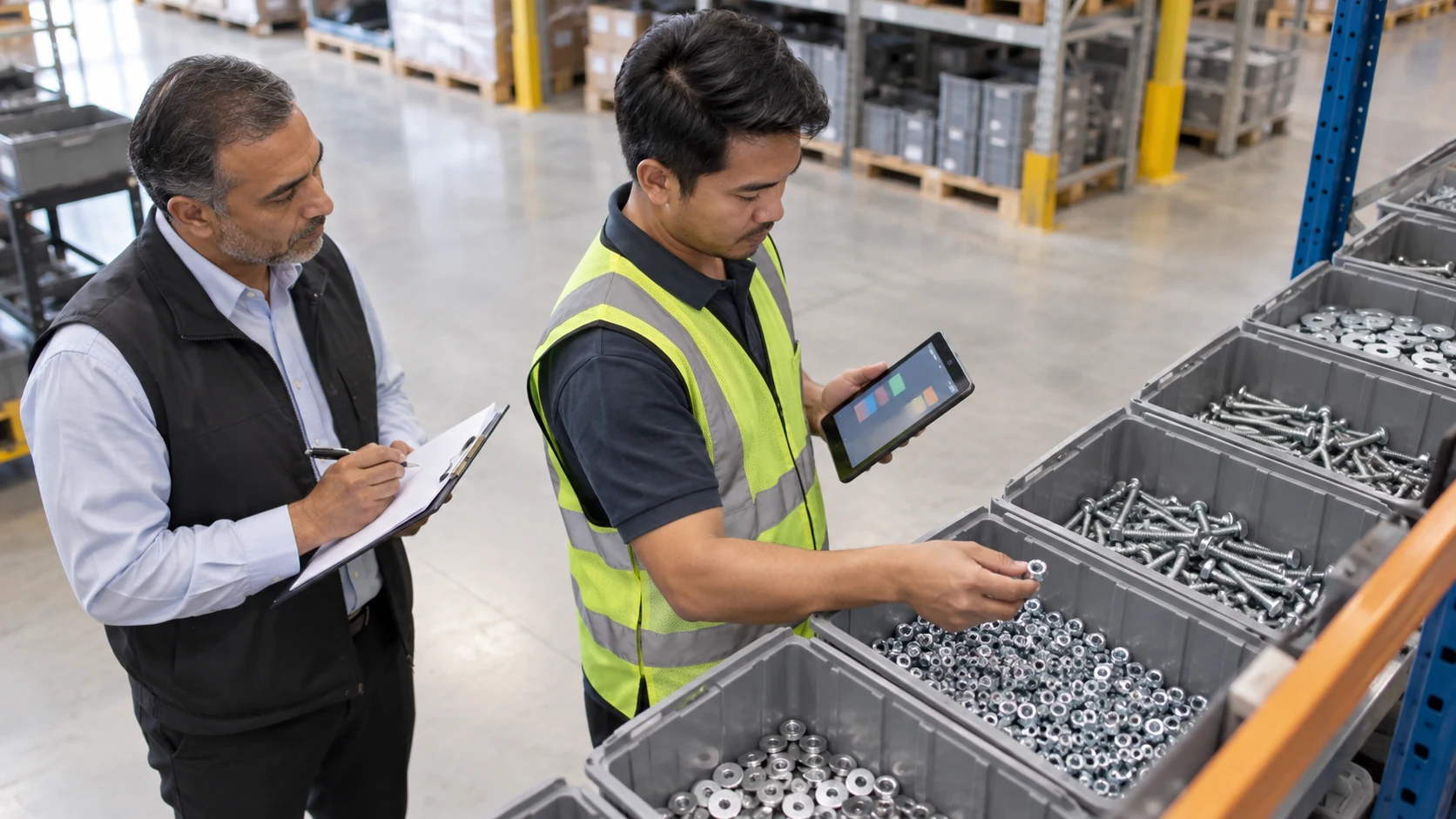Inventory controller checks fastener bins against a tablet while an assessor records the count