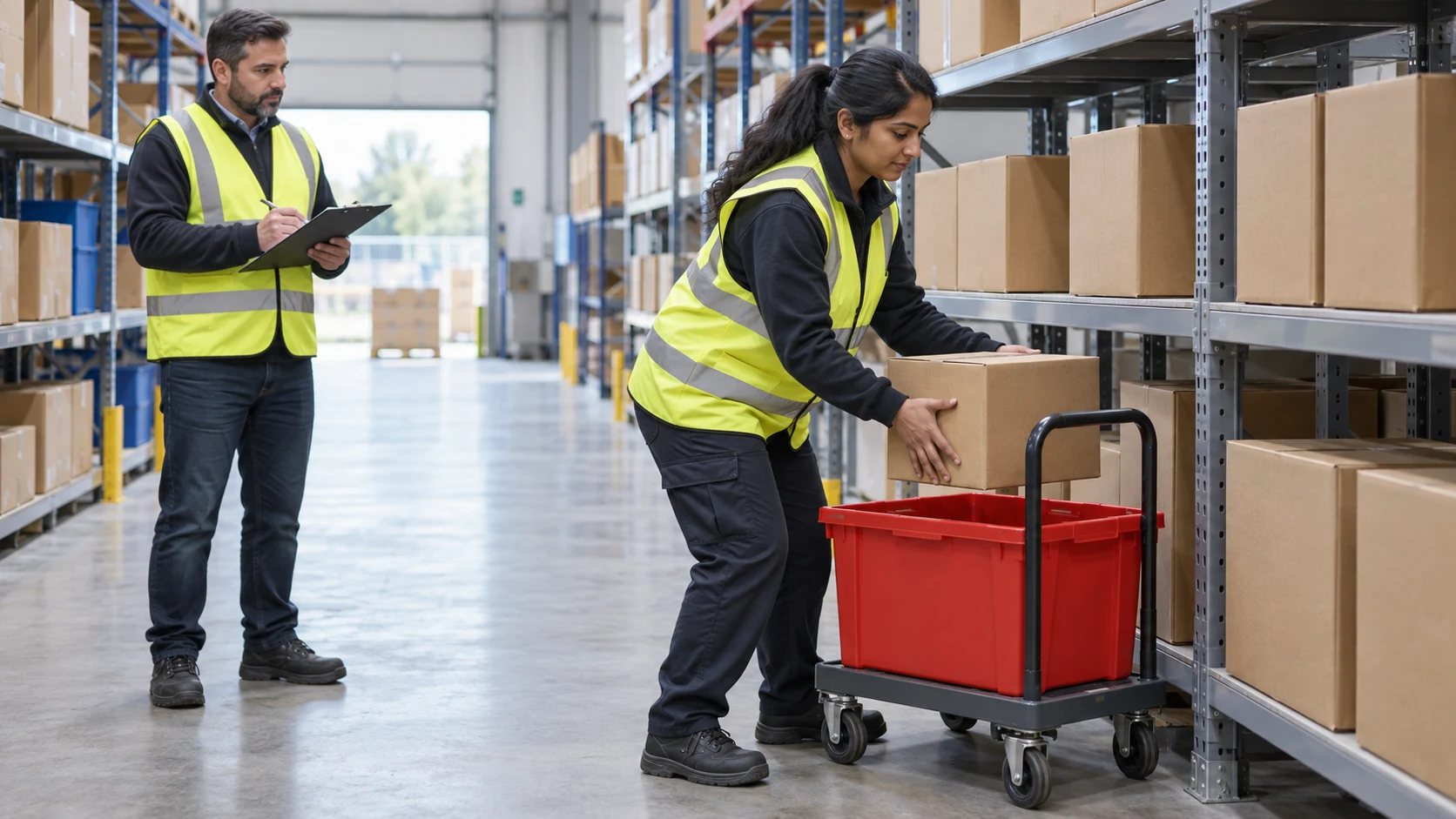 Warehouse picker candidate moves a carton from shelving into a wheeled tote while an assessor records observations