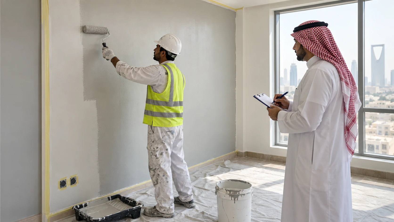 Painter candidate applies grey paint with a roller inside a masked room while a Saudi assessor records observations