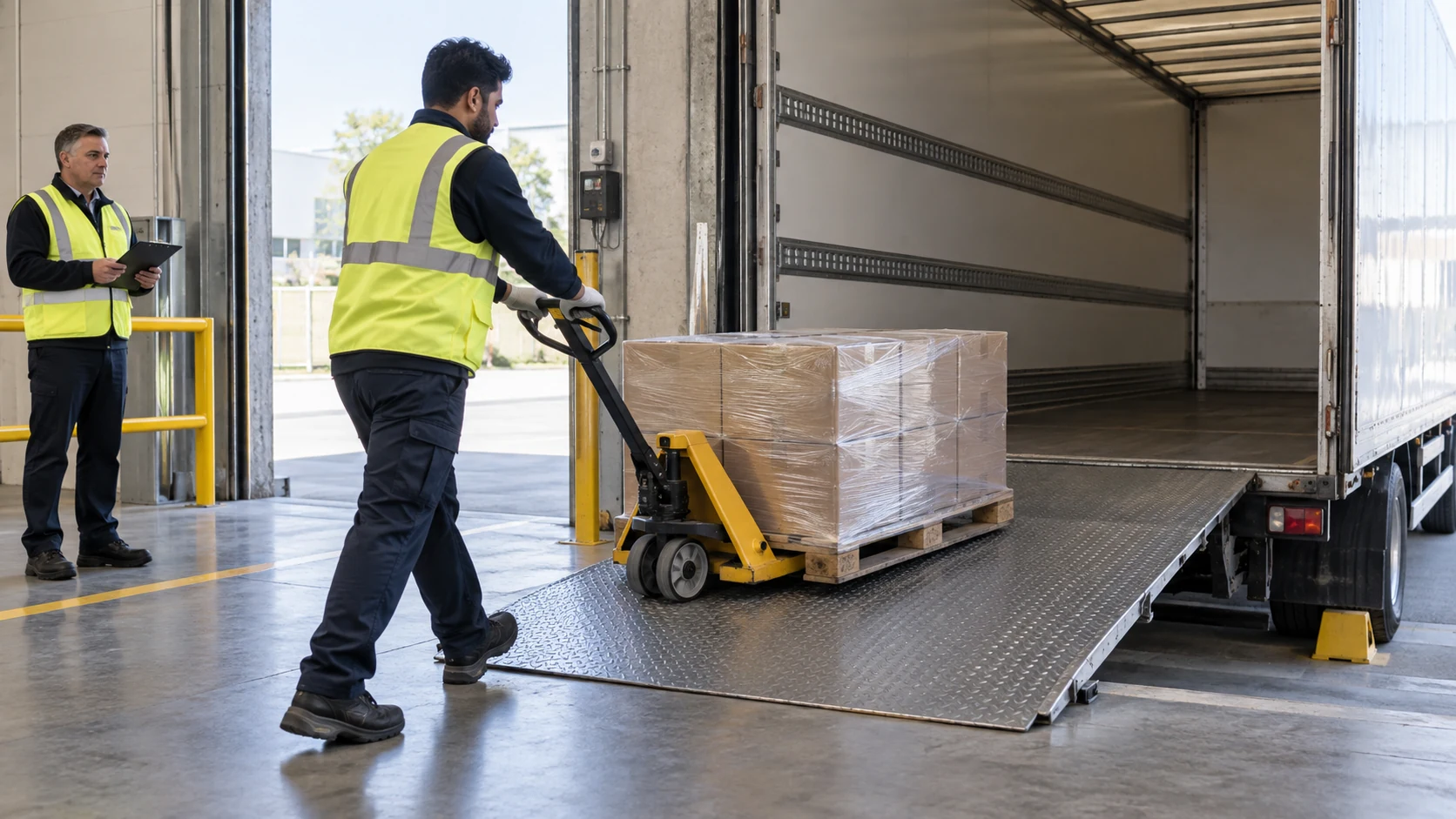 Loader candidate moves a shrink-wrapped pallet into a truck with a hand pallet jack while an assessor observes