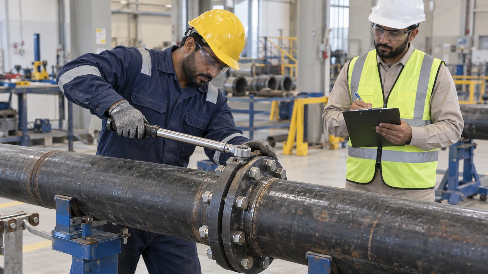 Pipe fitter candidate tightens bolts on a large flanged pipe joint while an assessor records observations