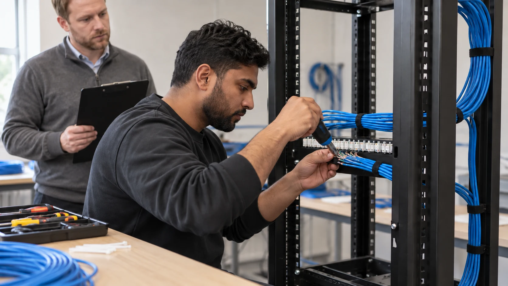 ELV technician candidate terminates blue data cables at a patch panel while an assessor observes
