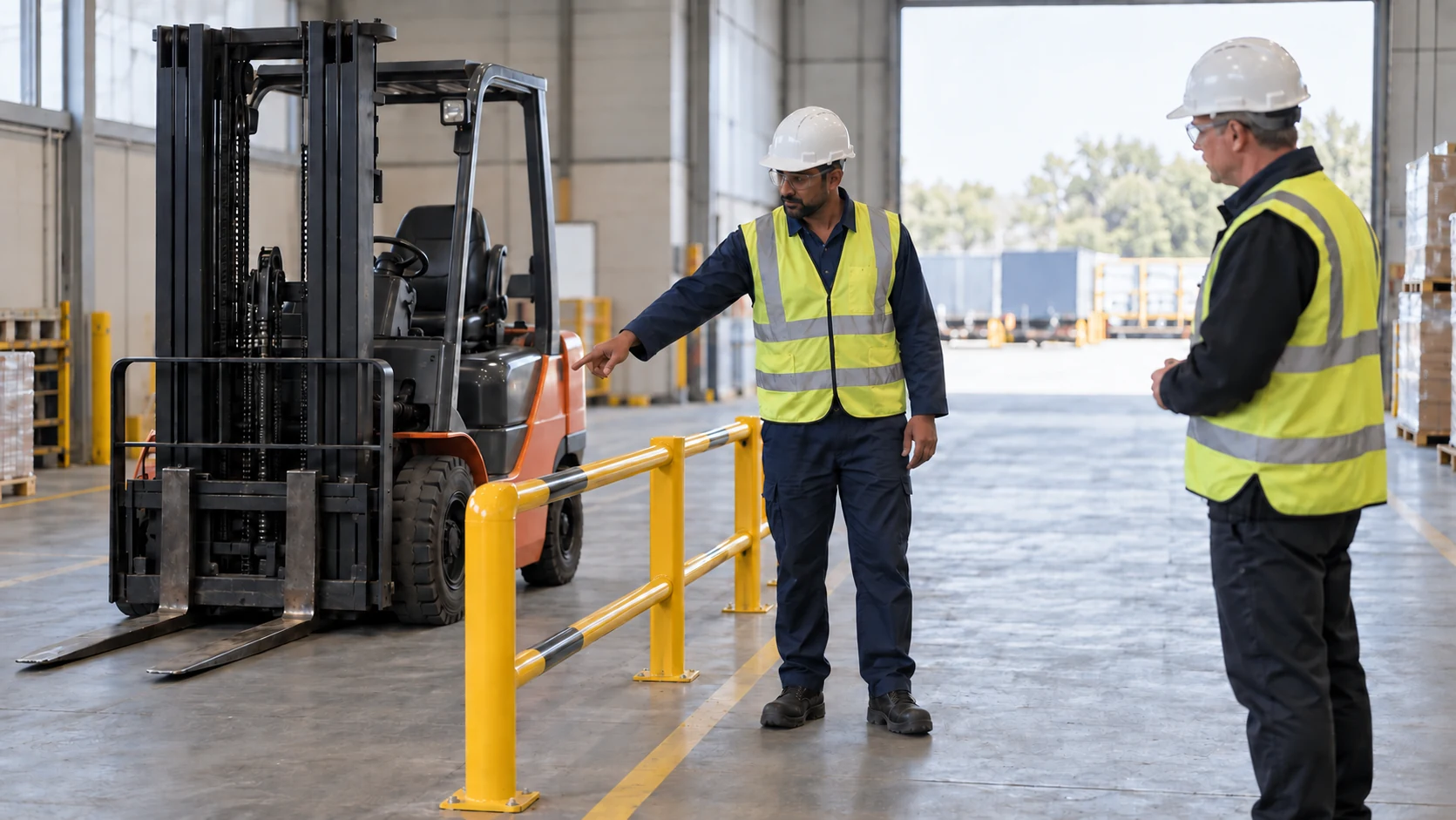Safety officer candidate points out a forklift and pedestrian barrier during a warehouse inspection