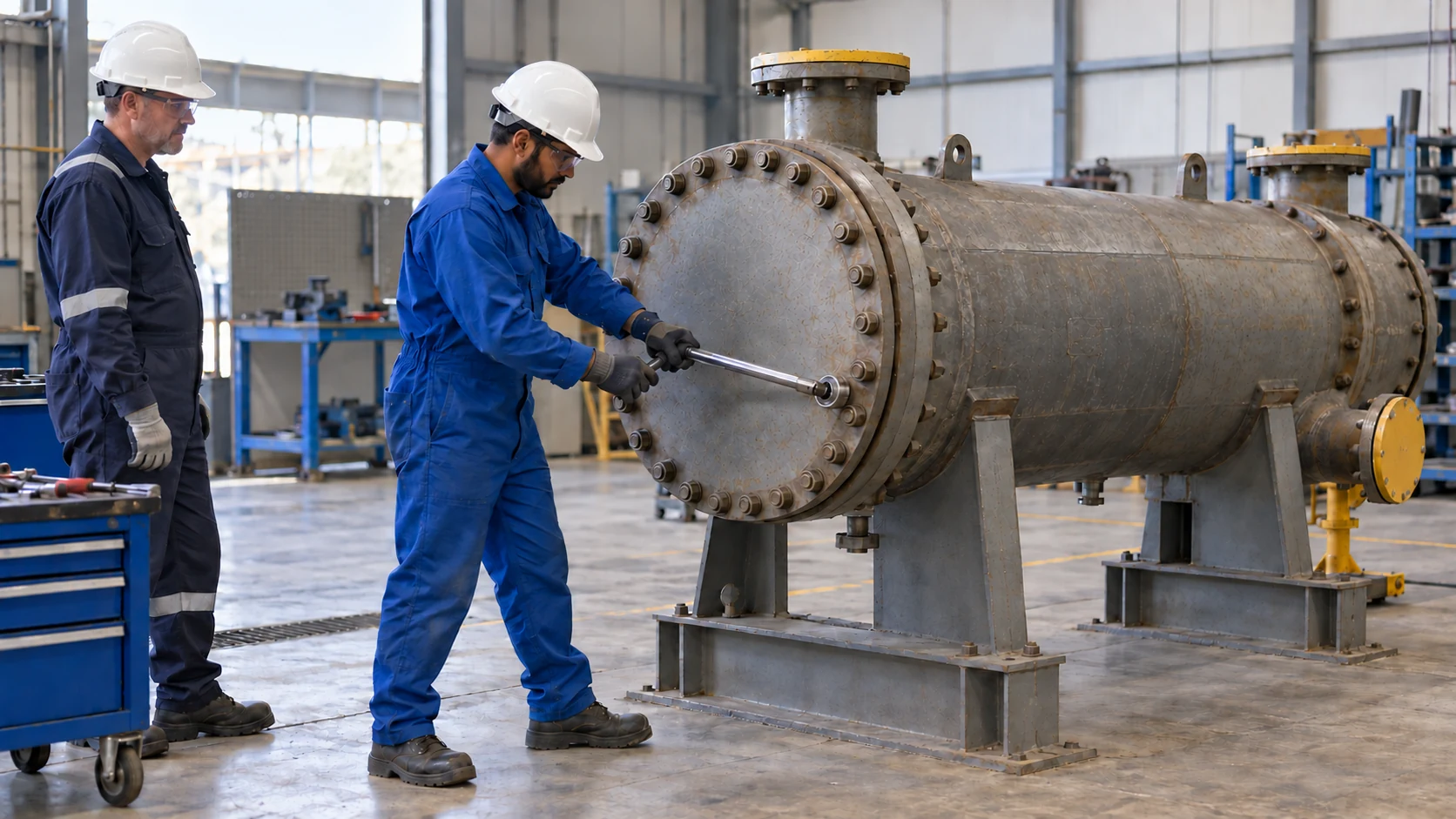 Shutdown worker candidate tightens a heat-exchanger end-cover bolt while a supervisor observes