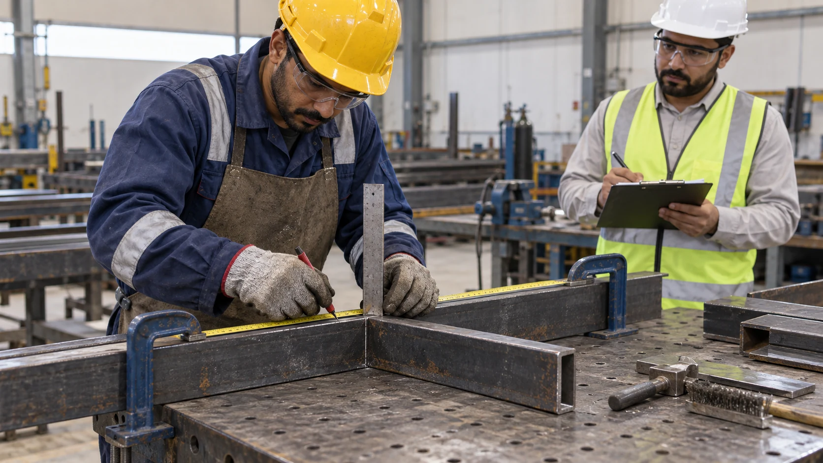 Fabricator candidate measures and marks steel box sections on a workshop table while an assessor observes