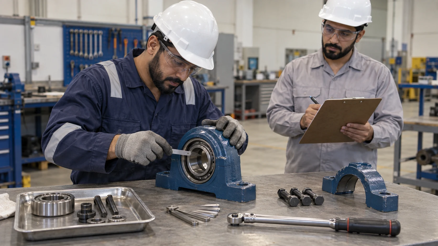 Mechanical fitter checks a bearing housing with a feeler gauge while an assessor records observations