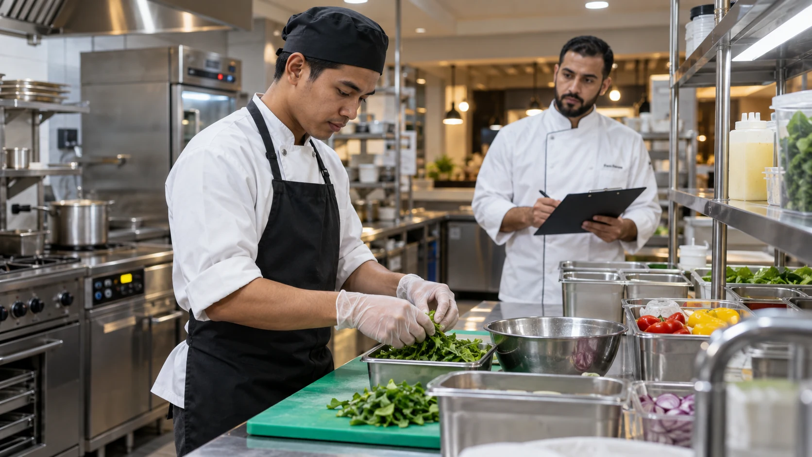 Kitchen helper candidate prepares leafy greens at a commercial prep station while a chef records observations