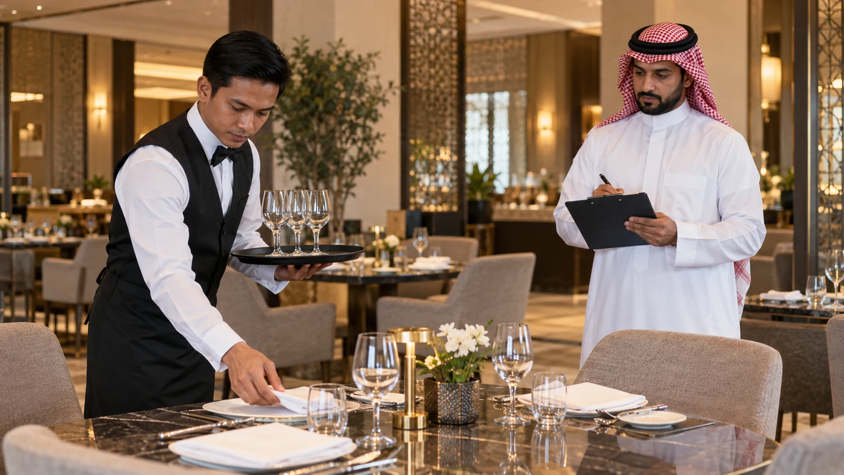Waiter candidate sets a restaurant table while a Saudi hospitality assessor records observations