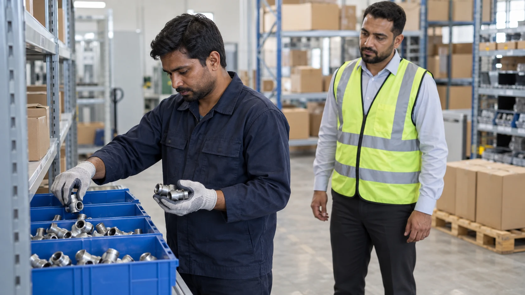 Storekeeper sorts metal pipe fittings into warehouse parts bins while a supervisor observes