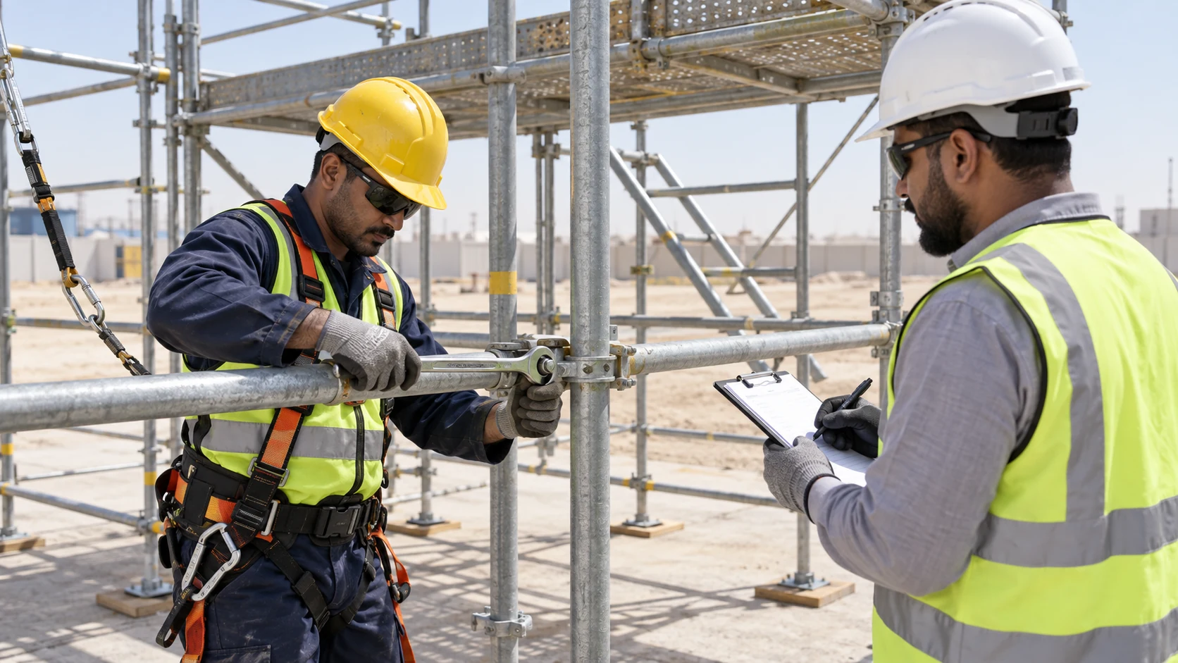 Scaffolder candidate tightens a tube-and-coupler joint while wearing a harness as an assessor observes