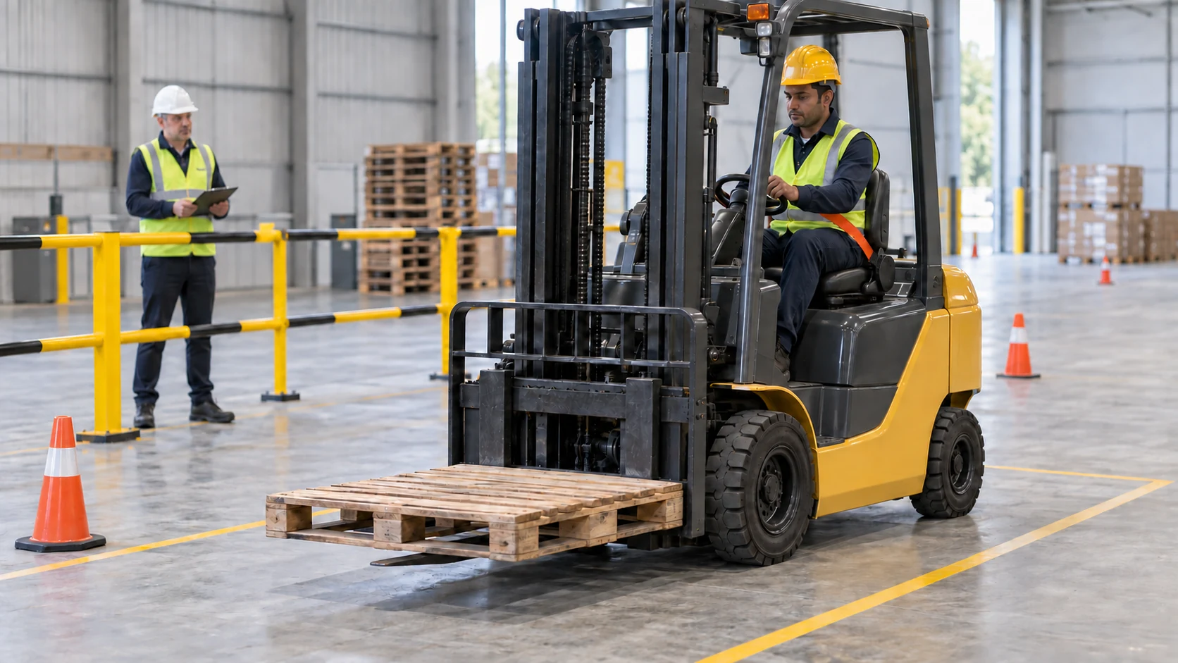 Forklift operator candidate lifts an empty pallet through a marked warehouse course while an assessor observes
