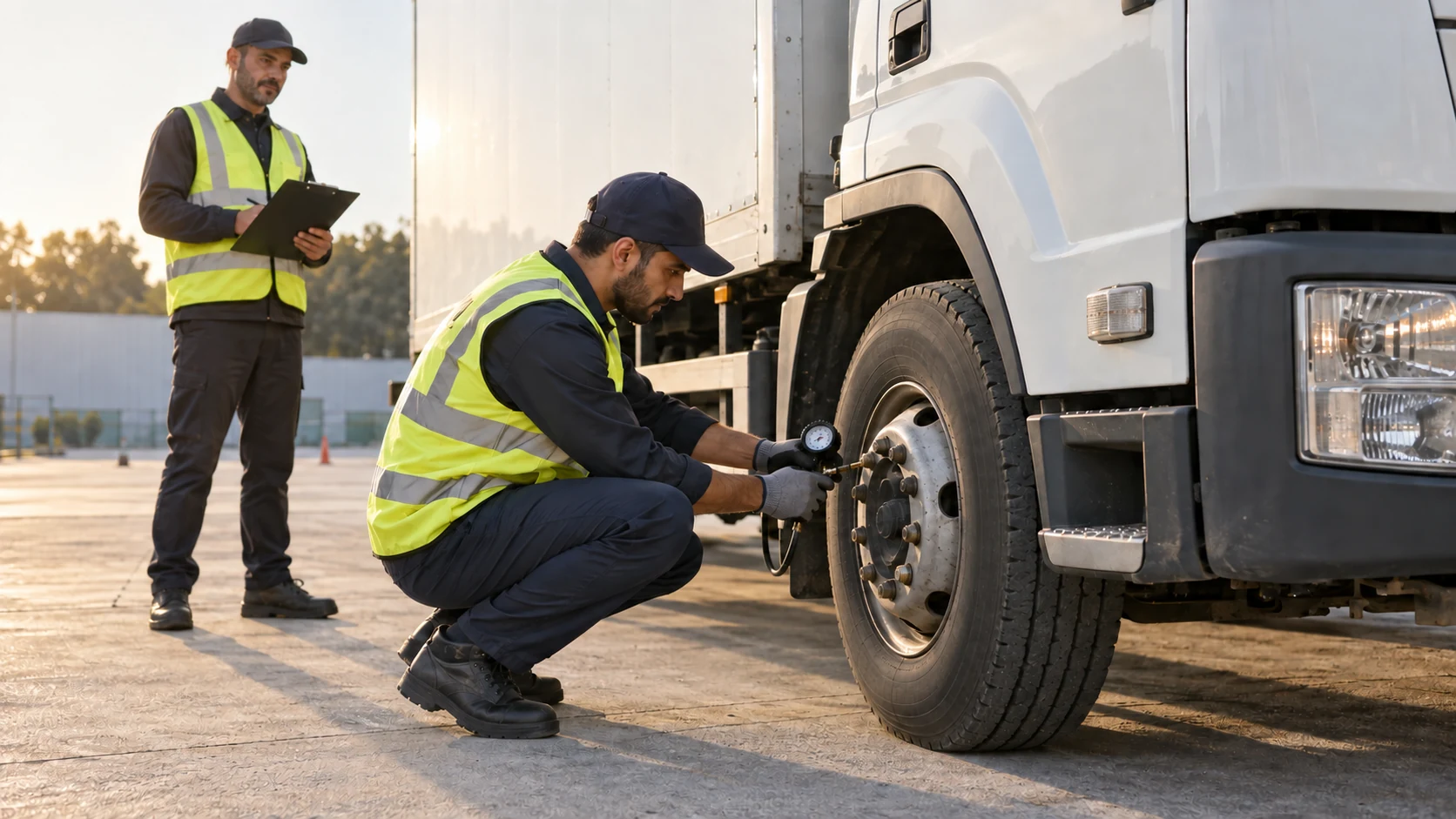 Driver candidate checks a stationary truck tire with a pressure gauge while an assessor observes