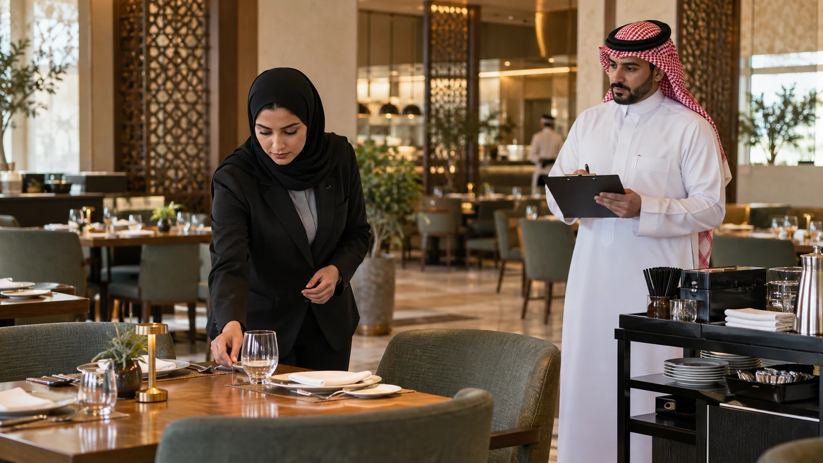 Restaurant supervisor candidate checks a dining-table place setting while a Saudi assessor records observations