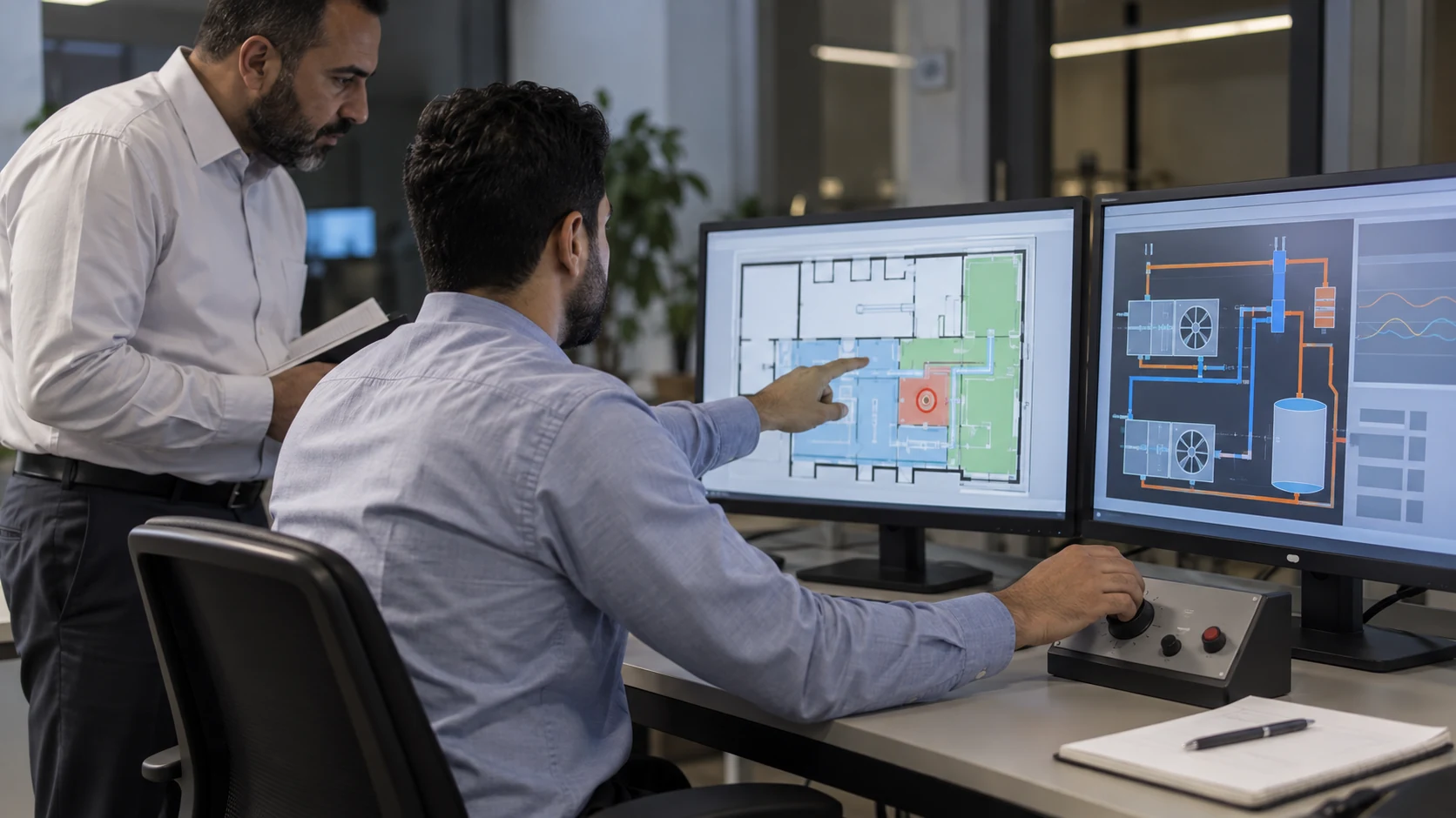 BMS operator candidate reviews building and HVAC diagrams on dual monitors while an assessor observes