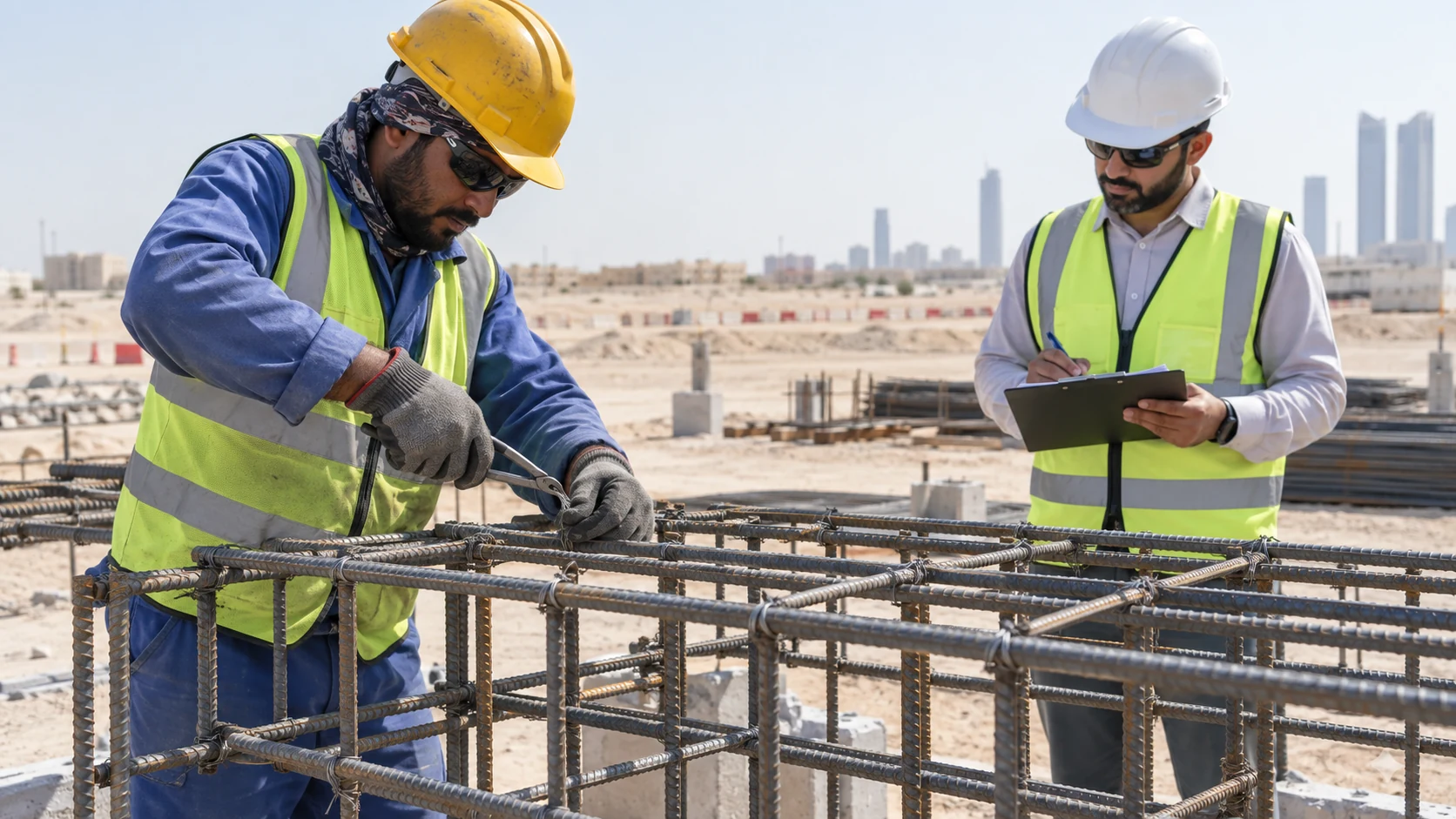 Steel fixer candidate ties a reinforcement cage with pliers while an assessor records observations