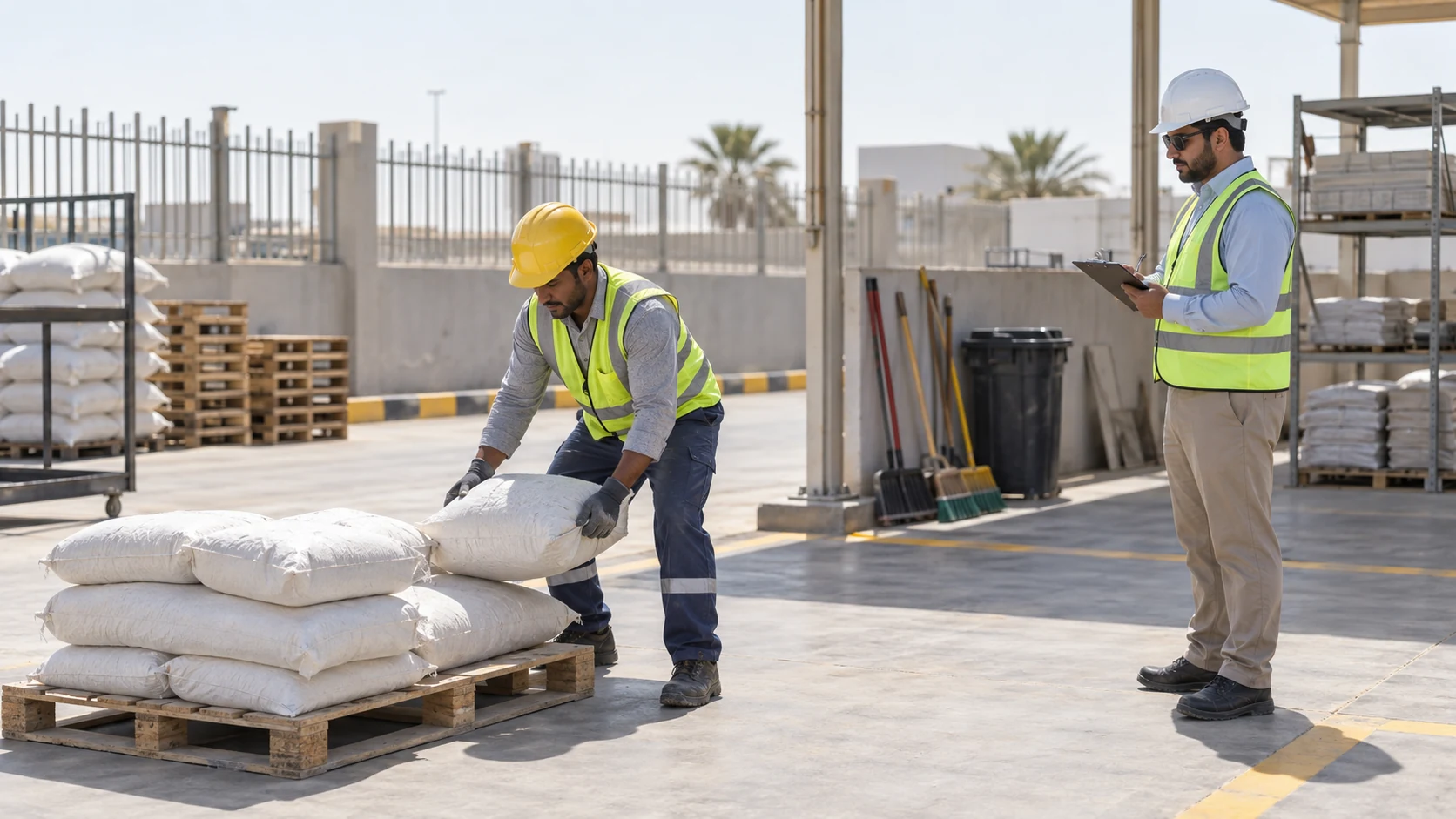 General labour candidate handles a bag on a warehouse pallet while an assessor records observations
