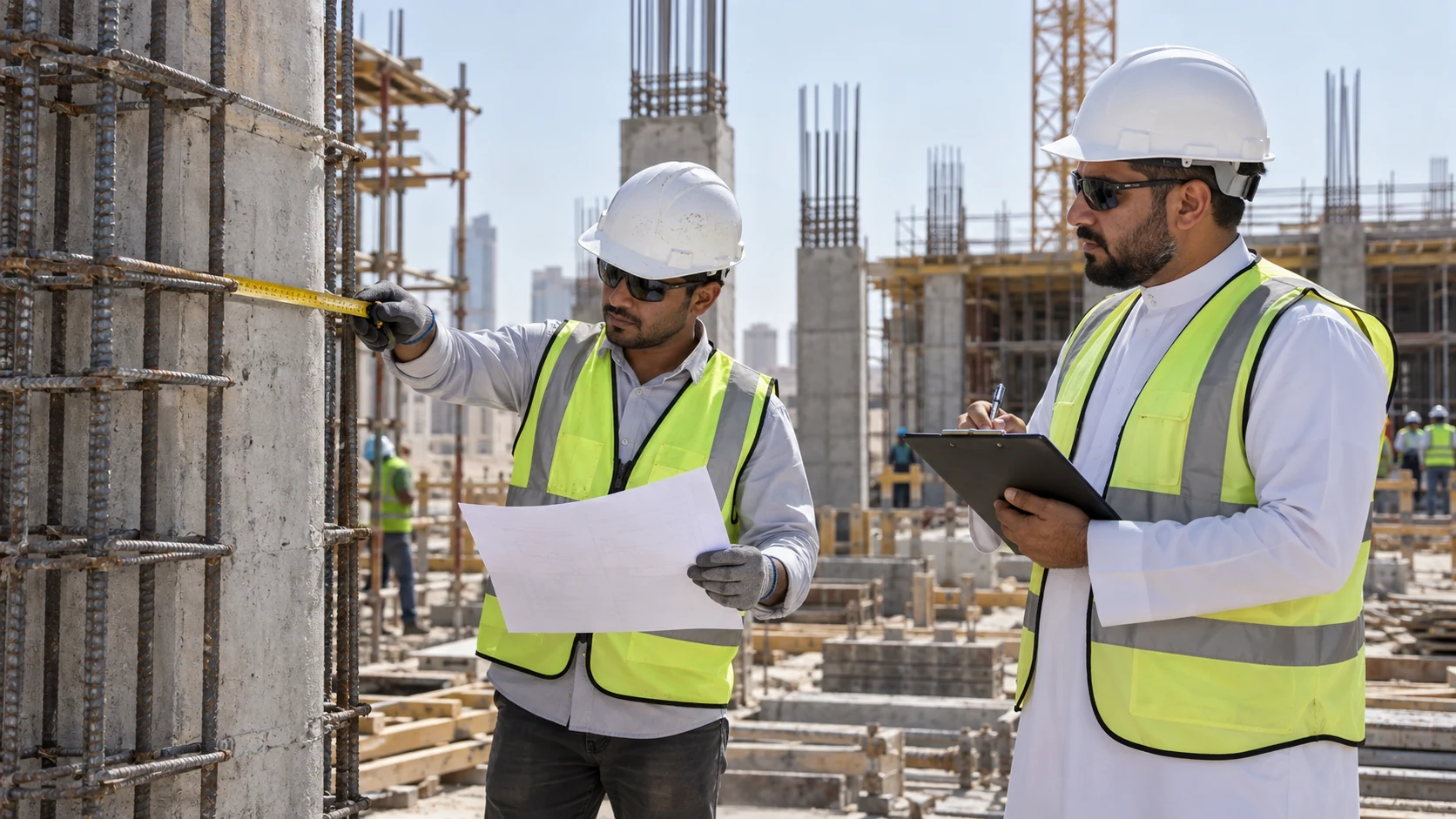 Civil engineer candidate measures reinforcement around a concrete column while a Saudi assessor records observations