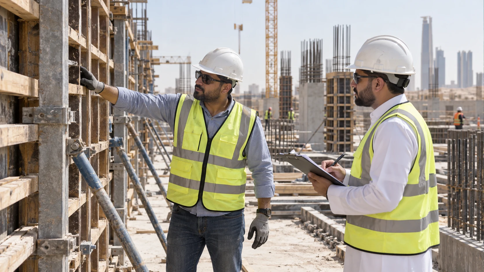 Civil supervisor candidate inspects column formwork hardware while a Saudi assessor records observations