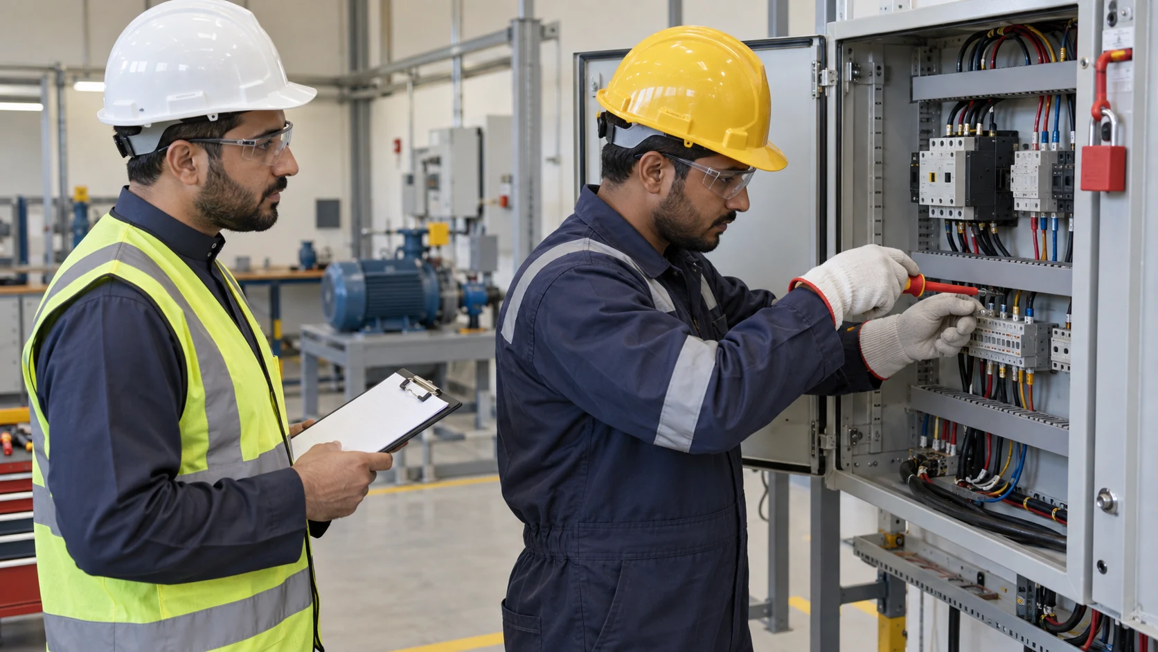 Industrial electrician tightens a terminal connection inside an isolated motor-control training cabinet as an assessor observes