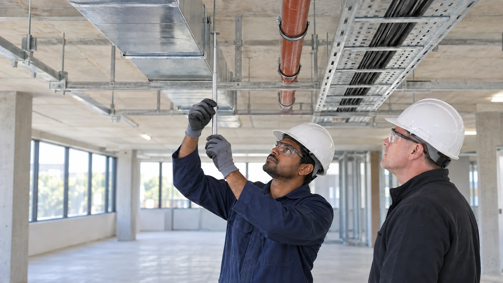 MEP technician candidate adjusts an overhead support rod beside ducts, piping and cable tray while an assessor observes