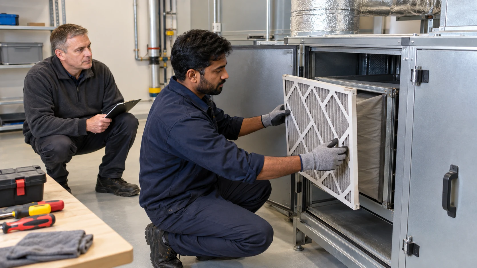 Maintenance technician candidate installs an air filter in an open air-handling unit while an assessor observes