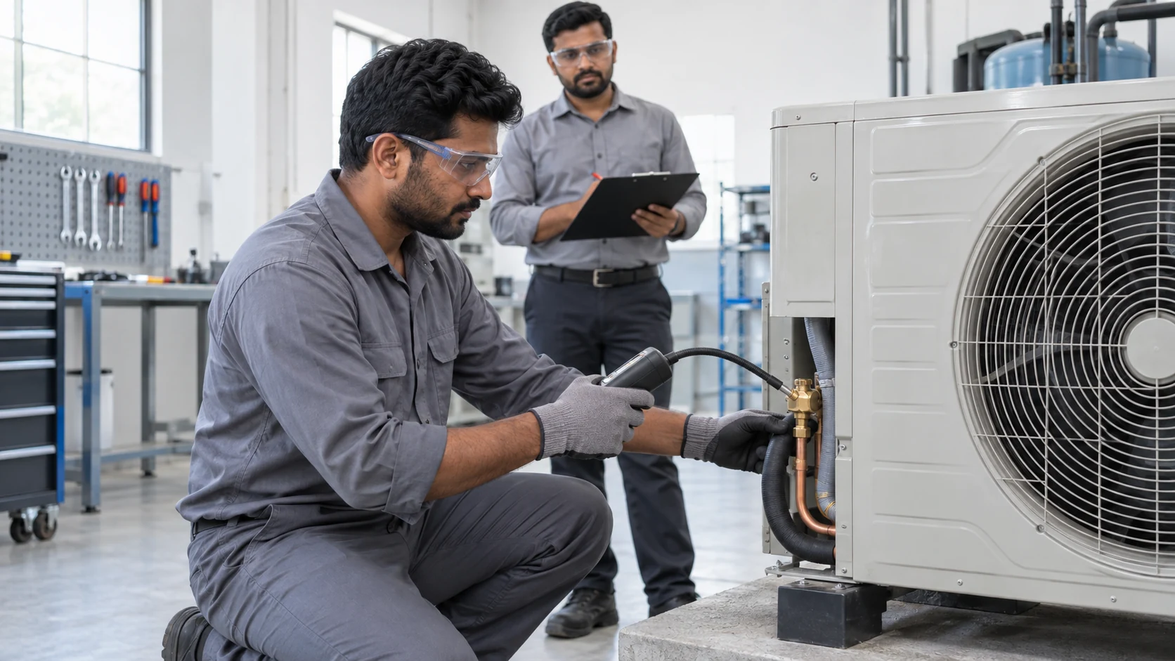 AC technician candidate checks a condenser service connection with a handheld instrument while an assessor observes