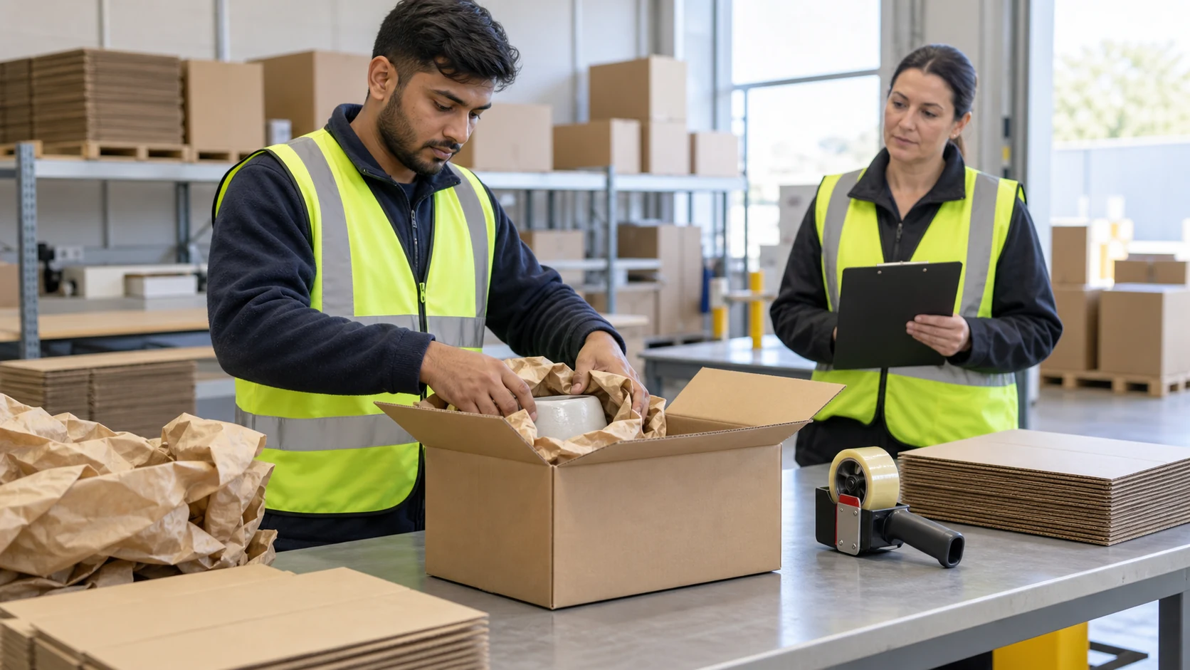 Warehouse packer candidate cushions an item with paper inside a shipping carton while an assessor observes