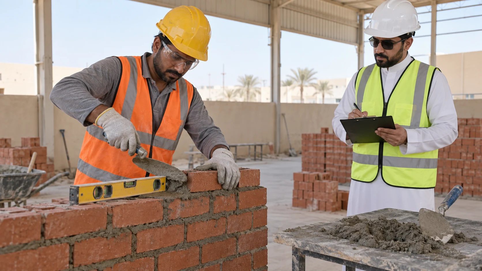 Mason candidate spreads mortar and places a clay brick while a Saudi assessor records observations