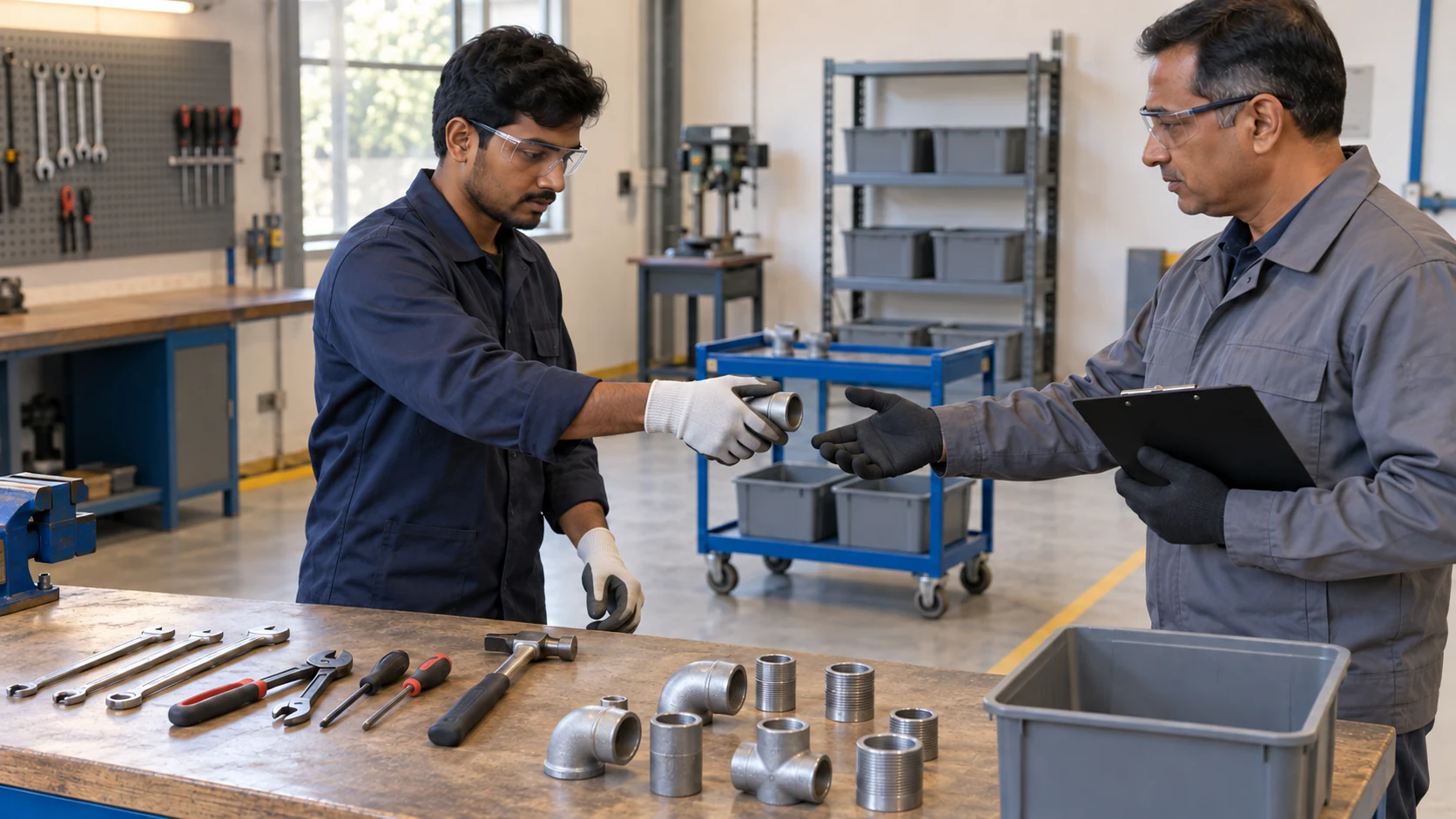 Workshop helper candidate passes a threaded pipe fitting to an assessor beside organized tools and components