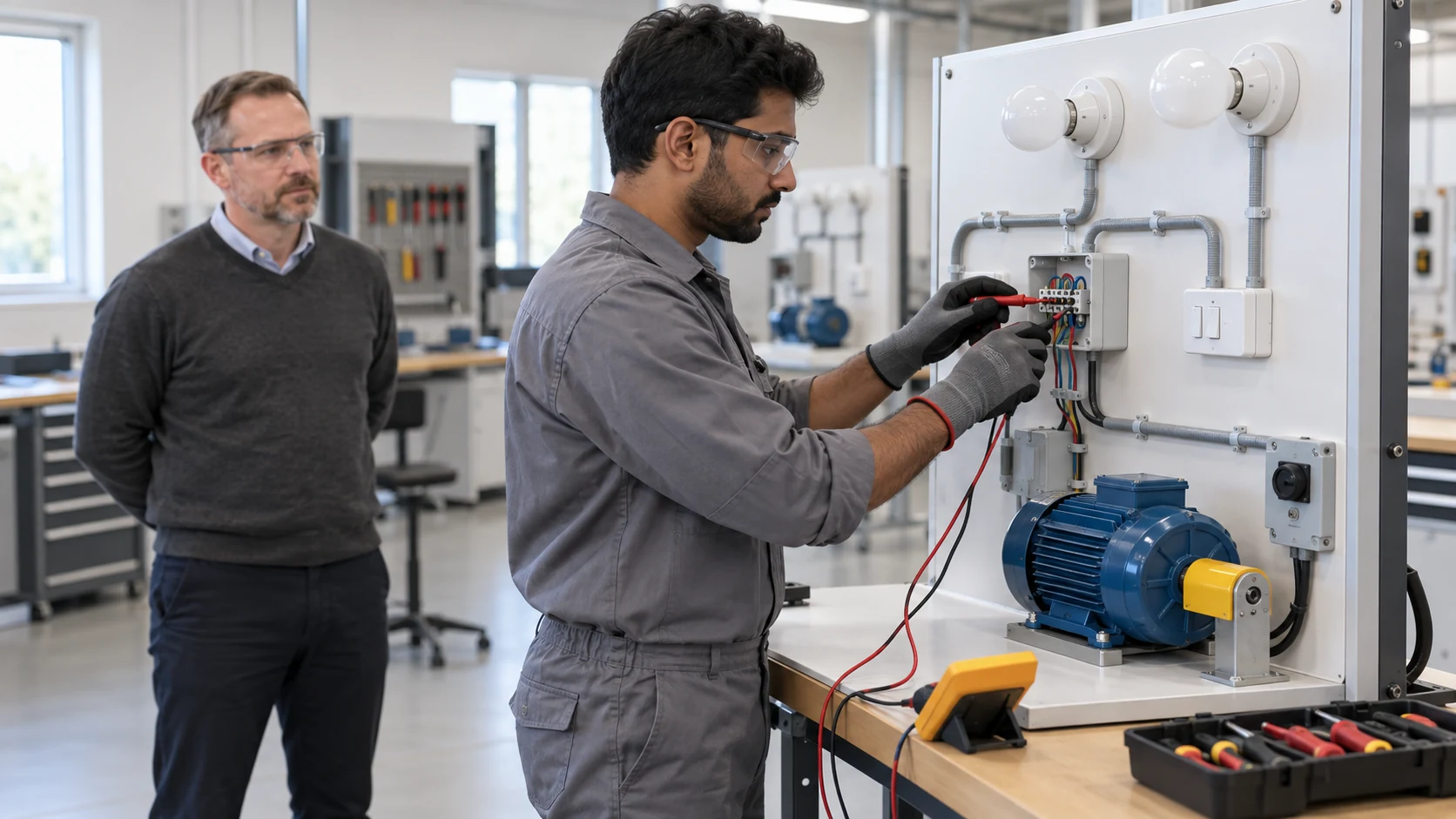 Electrical technician candidate uses multimeter probes on a motor-control training board while an assessor observes