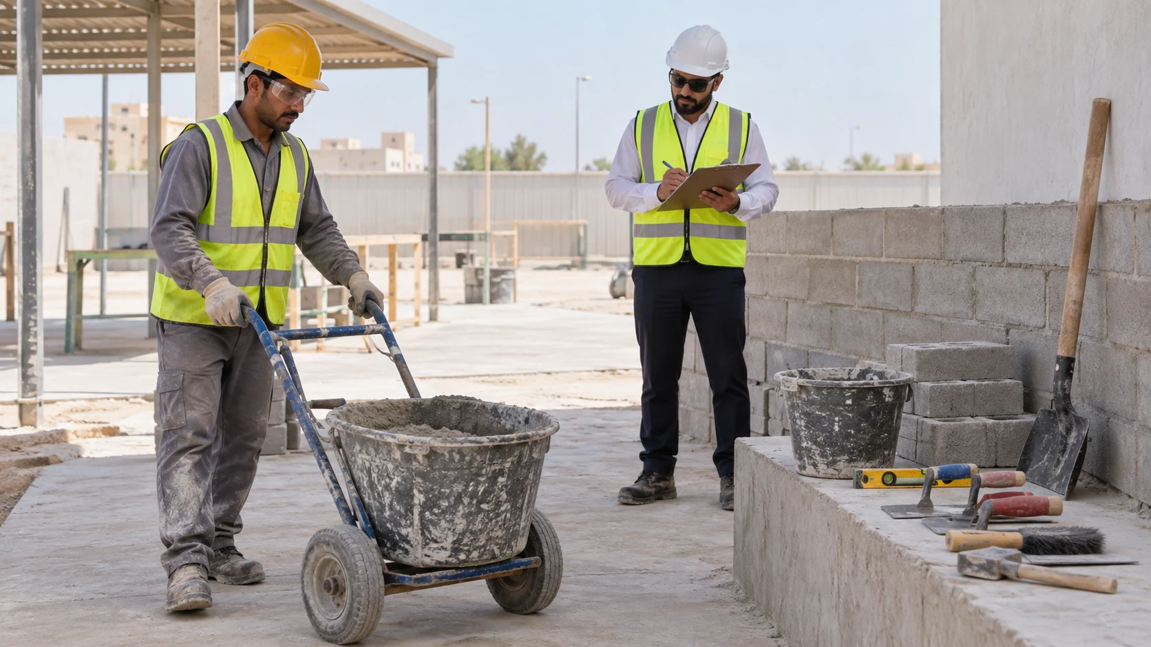 Construction helper candidate pushes a mortar tub past blockwork tools while an assessor records observations