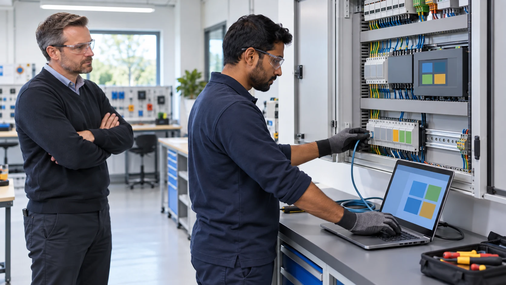 BMS technician candidate connects a laptop to a building-control cabinet while an assessor observes