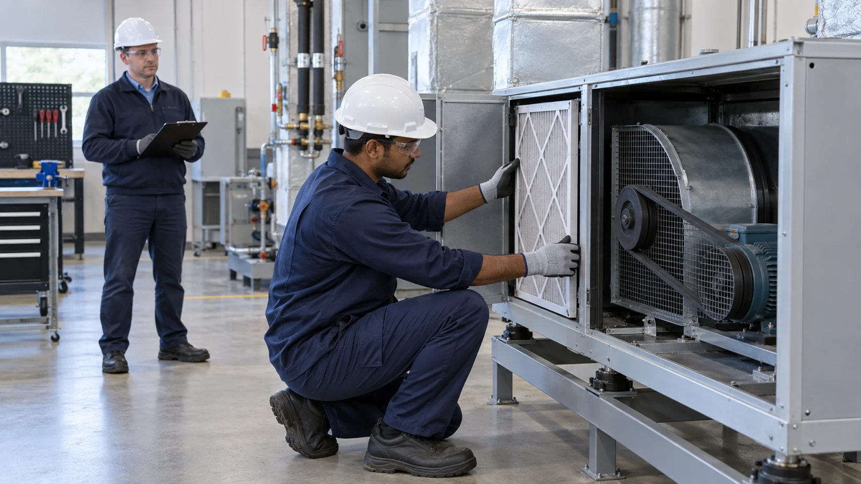 HVAC technician candidate fits an air filter into an open air-handling unit while an assessor records observations