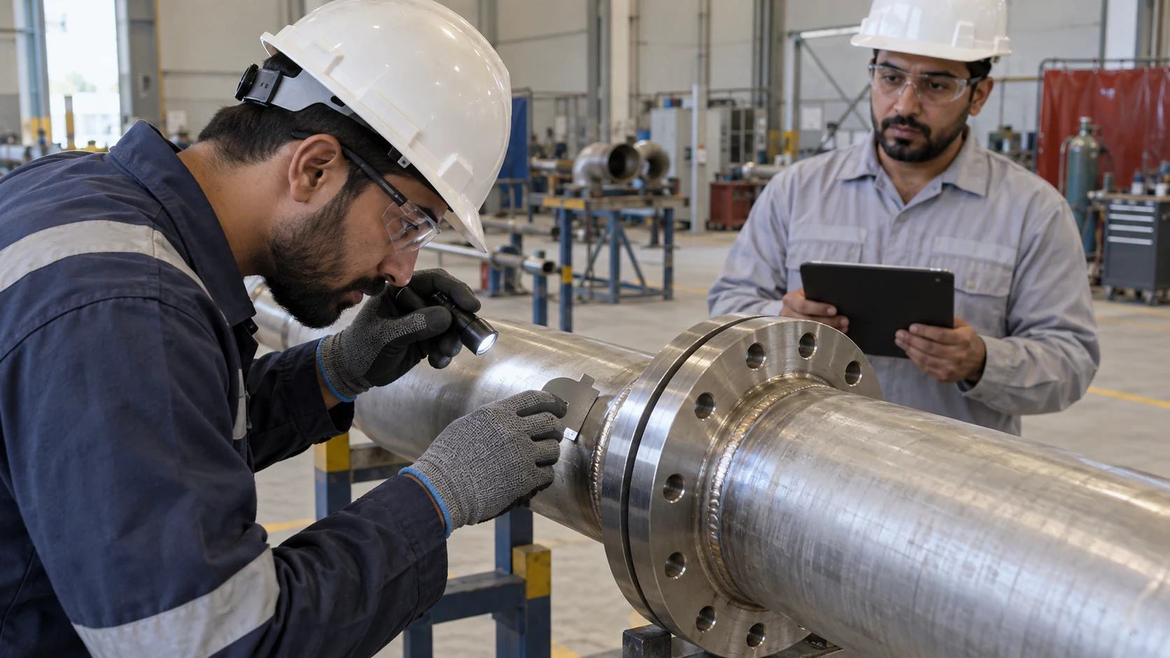 QC inspector examines a pipe-spool weld with a profile gauge and inspection light while a technical assessor observes