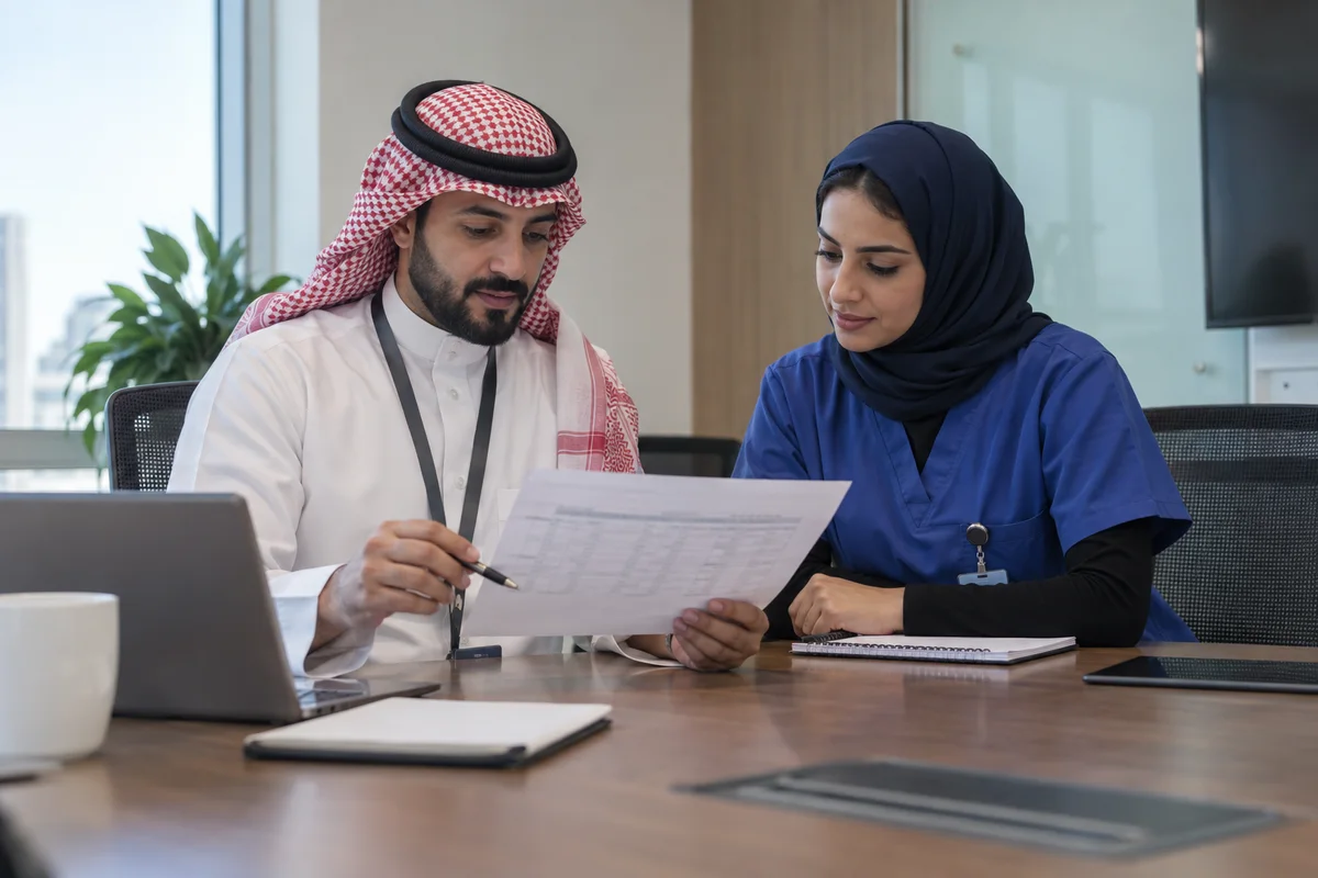 Two people, one in scrubs, reviewing a paper document at a meeting table