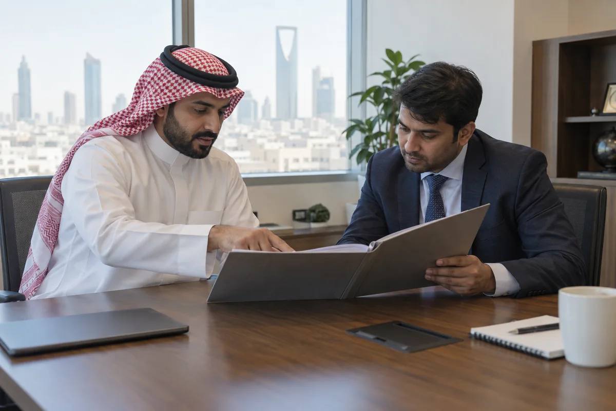 Two people reviewing an unbranded document folder at an office meeting table