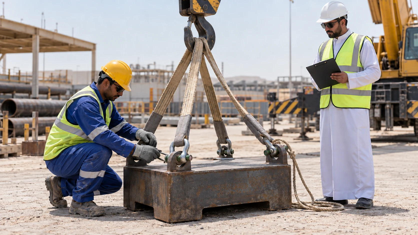 Rigger candidate checks slings and shackles on a grounded test load while a technical assessor observes