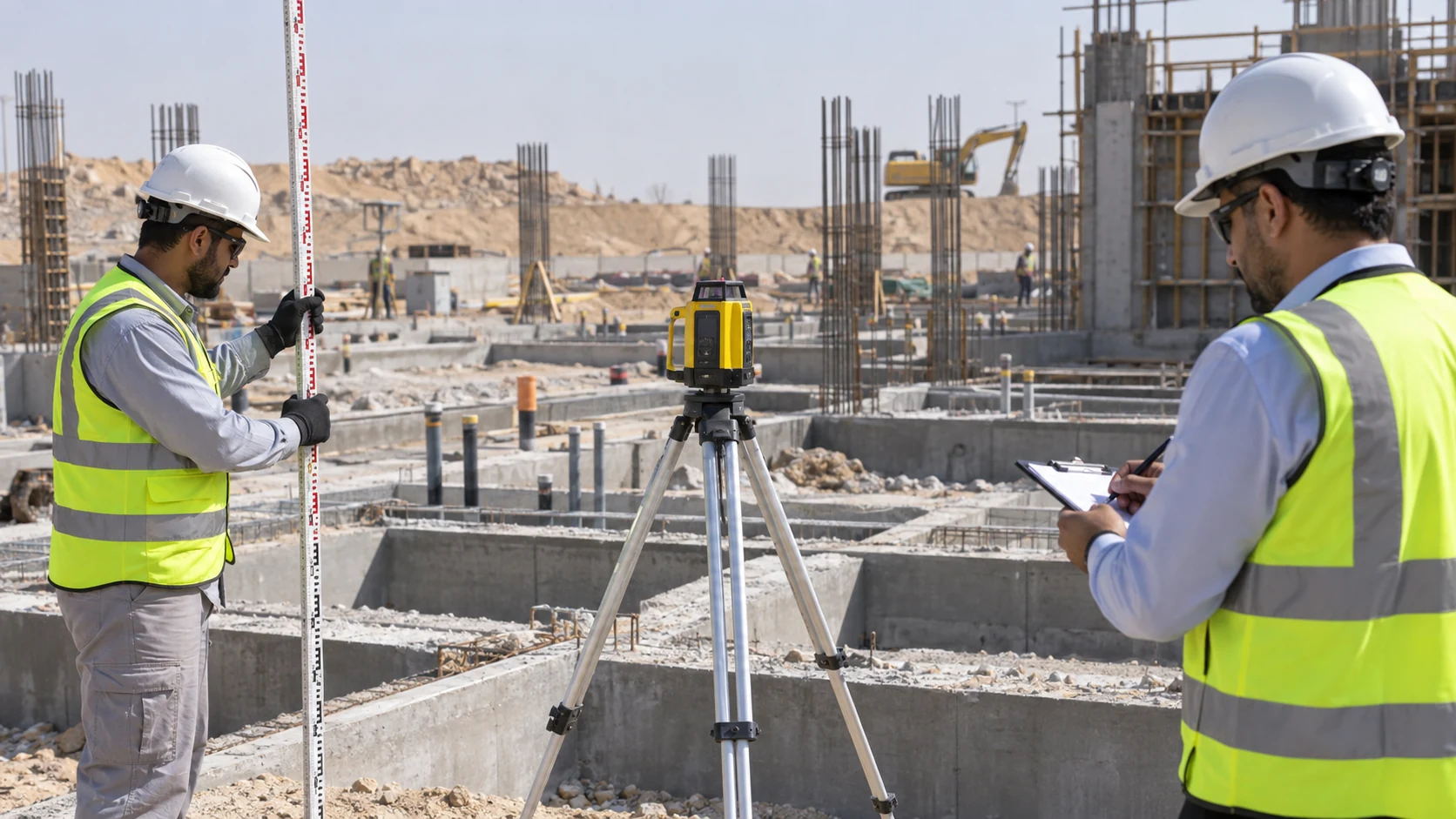 Site engineer candidate holds a levelling staff beside a laser level while an assessor records measurements