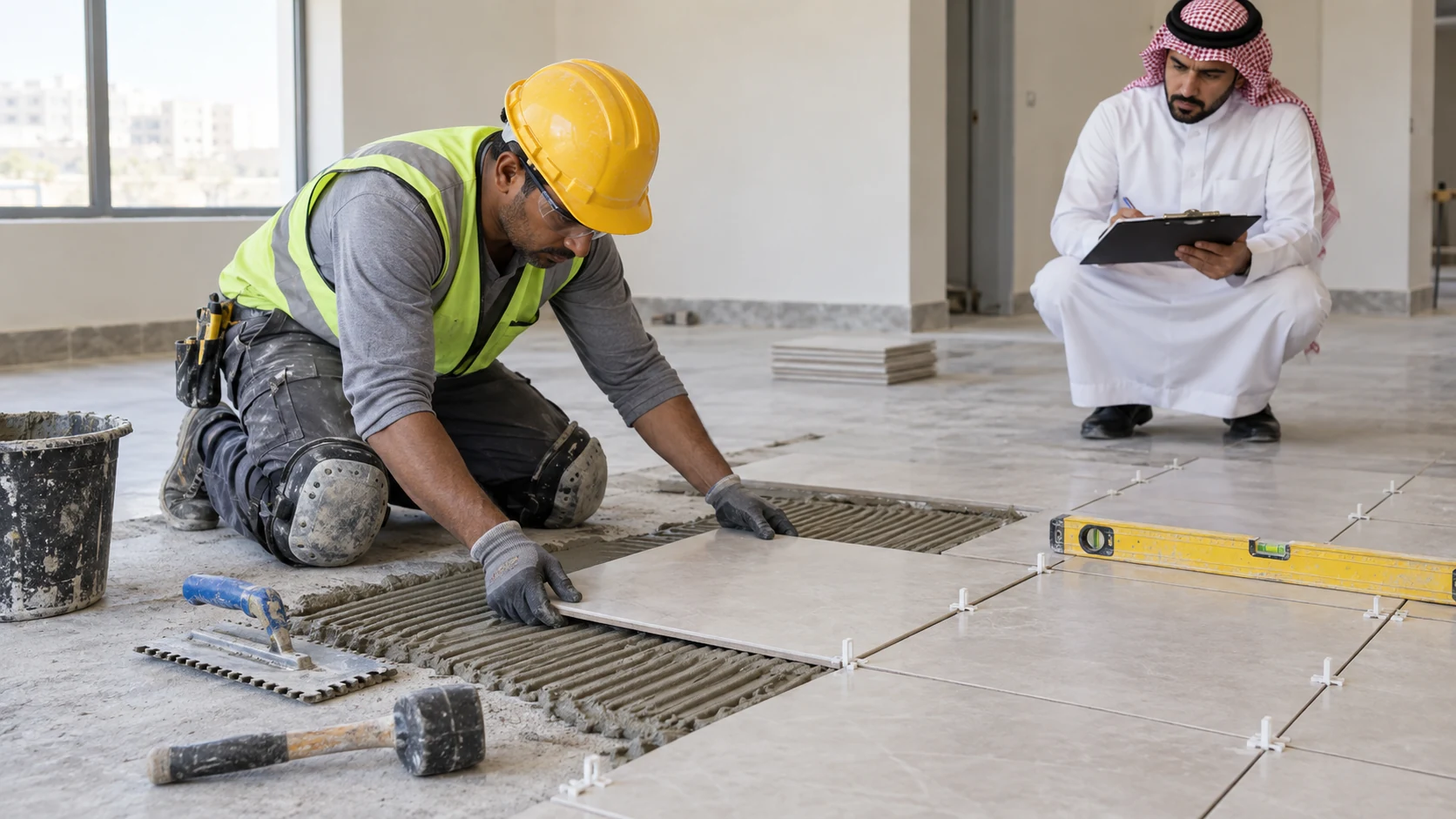 Tile mason candidate presses a floor tile into combed mortar while a Saudi assessor records observations