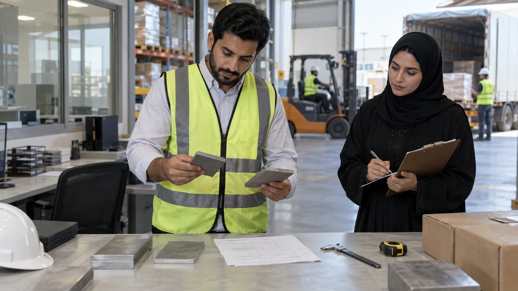 Purchasing staff candidate compares metal samples with a specification sheet while an assessor records notes