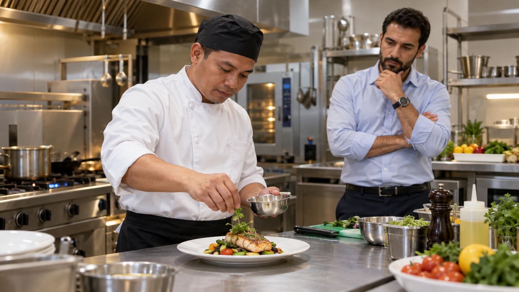 Cook candidate plates grilled fish and vegetables in a commercial kitchen while an assessor observes