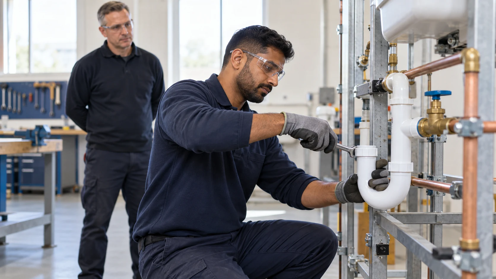 Plumber candidate tightens a plastic sink trap on a training frame while an assessor observes