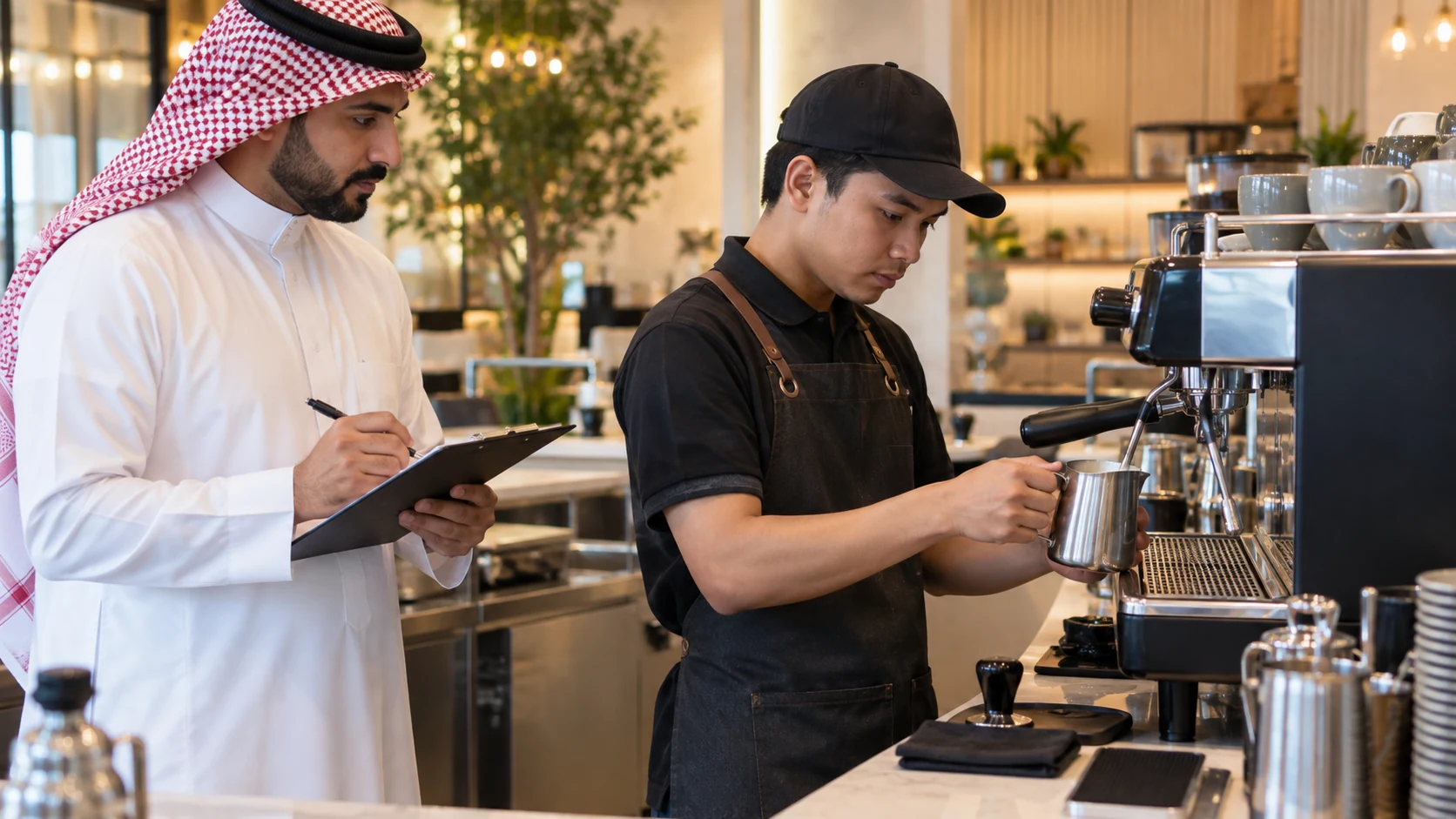 Barista candidate steams milk at an espresso machine while a Saudi assessor records observations