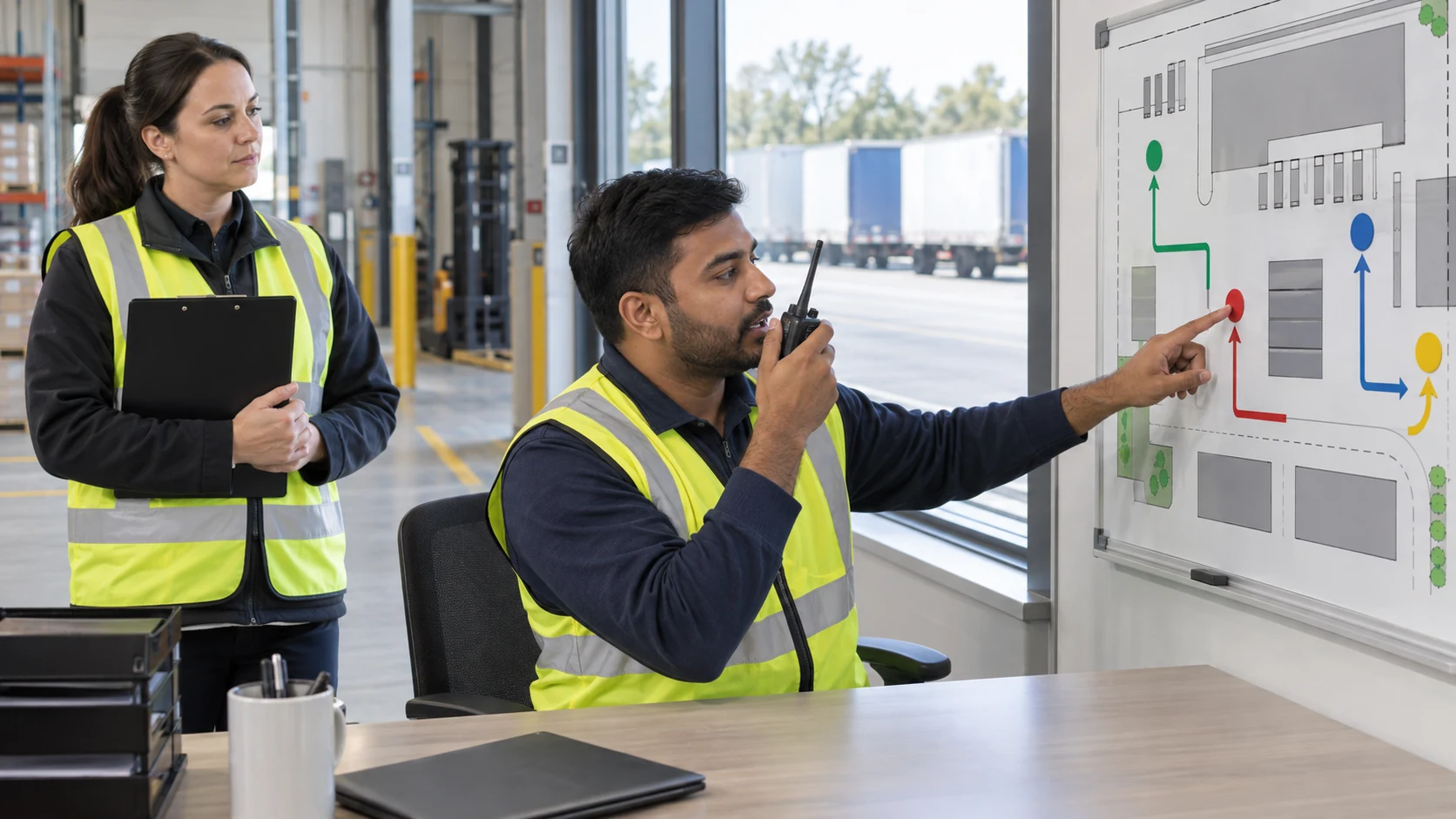 Dispatcher candidate uses a radio while pointing to a colour-coded loading-yard map as an assessor observes
