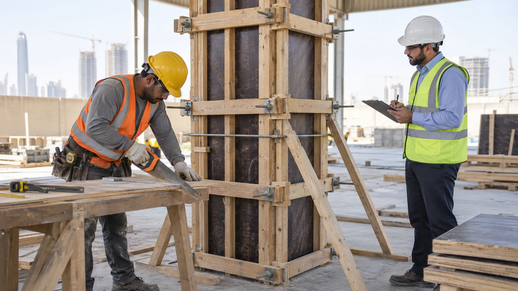Shuttering carpenter candidate saws a timber board beside column formwork while an assessor records observations