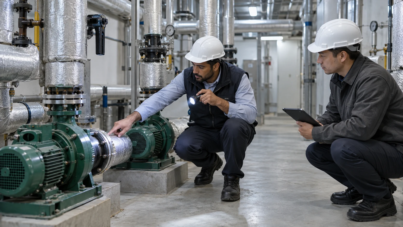 Facility supervisor candidate examines a pump coupling with a flashlight while an assessor reviews the inspection