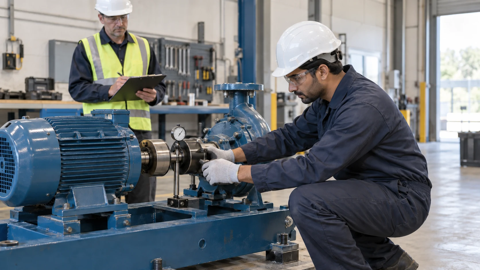 Mechanical technician candidate aligns a motor and pump coupling with a dial indicator while an assessor observes