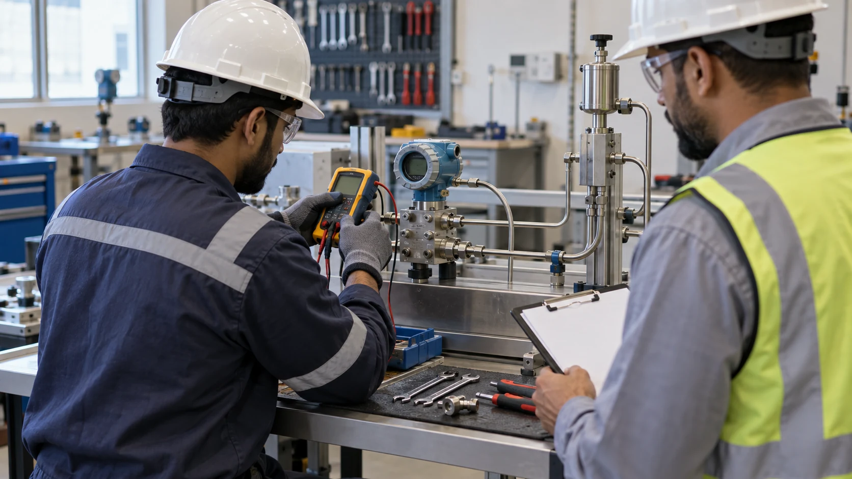 Instrument technician calibrates a pressure transmitter on a training bench while a technical assessor observes